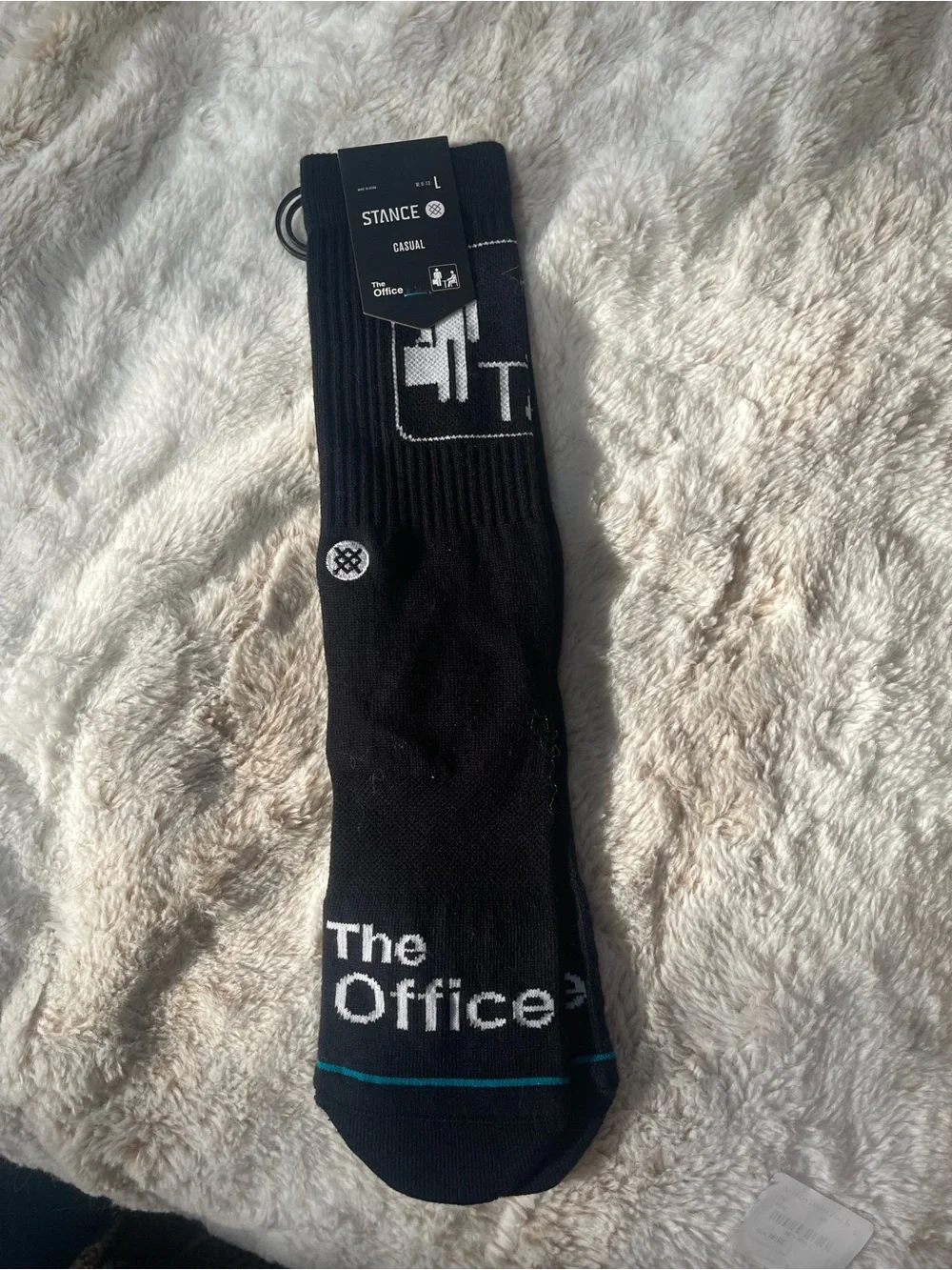 Stance The Office Black Crew Socks with White Logo and Teal Accent
